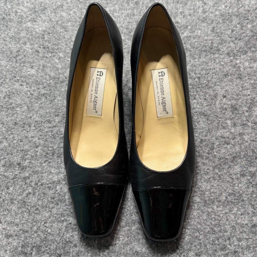 ETIENNE AIGNER Black Leather Cap Toe Block Heel Strada Pumps Shoes Size 8M
